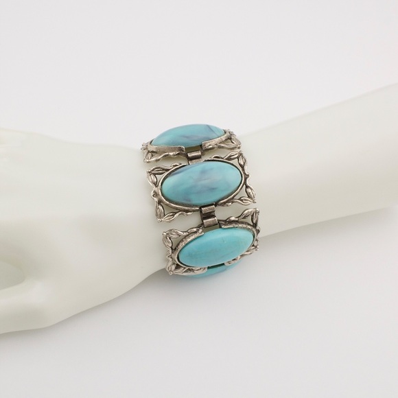 Vintage Karu Arke Faux Turquoise Panel Bracelet Silver Tone Mid-Century Bohemian - Picture 2 of 7